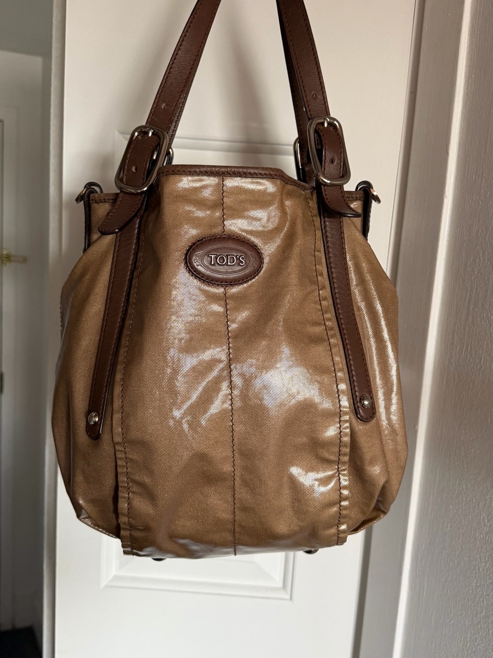 TOD’S G-Line Easy Sacca Coated Canvas Tote Bag Tan Brown Y2K Shoulder